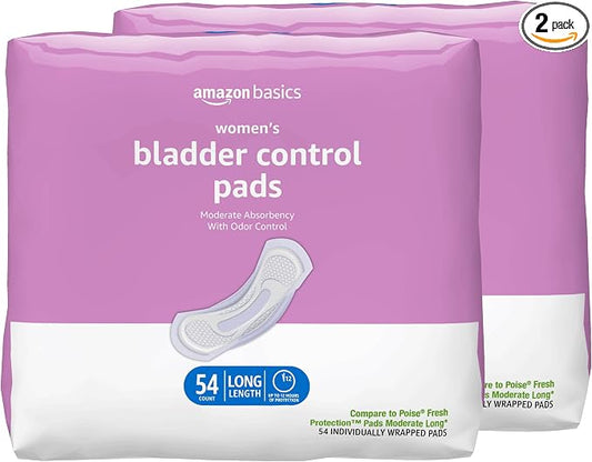 Amazon Basics Incontinence Pads for Women, Postpartum, Long, Bladder Control, Moderate Absorbency, Unscented, 108 Count (2 Packs of 54)