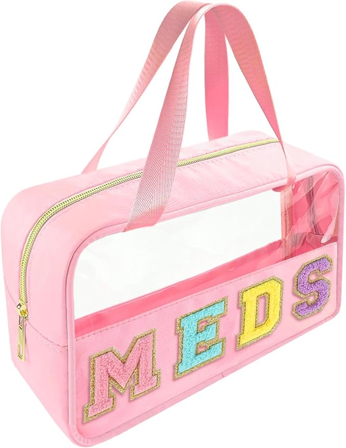 Bunliuys Chenille Letter Clear Makeup Bag Meds Patch, Travel Toiletry Makeup Bag with Handle, Nylon Waterproof Makeup Bags clear cosmetic bag, preppy patch makeup bag for Women (MEDS-Pink)
