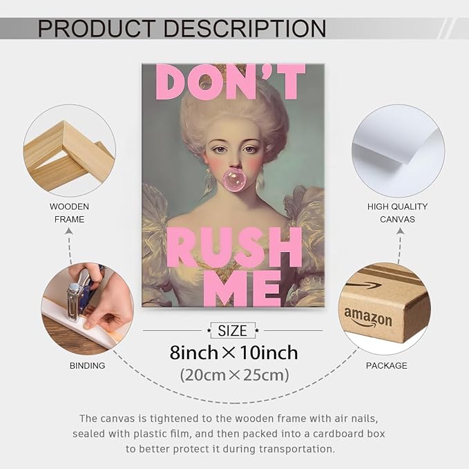 Don't Rush Me Wall Art Vintage Victorian Aesthetic Poster Elegant Girly Pink Bubble Gum Prints 08x10 inch Framed for Gallery Living Room Wall Decor