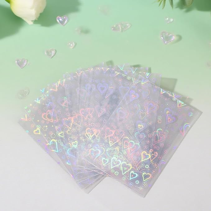 100pcs Photocard Sleeves, 3.58x2.56 in Love Heart-Shape Laser Flashing Card Sleeves Holographic Foil Protective Cover for Card Enthusiasts