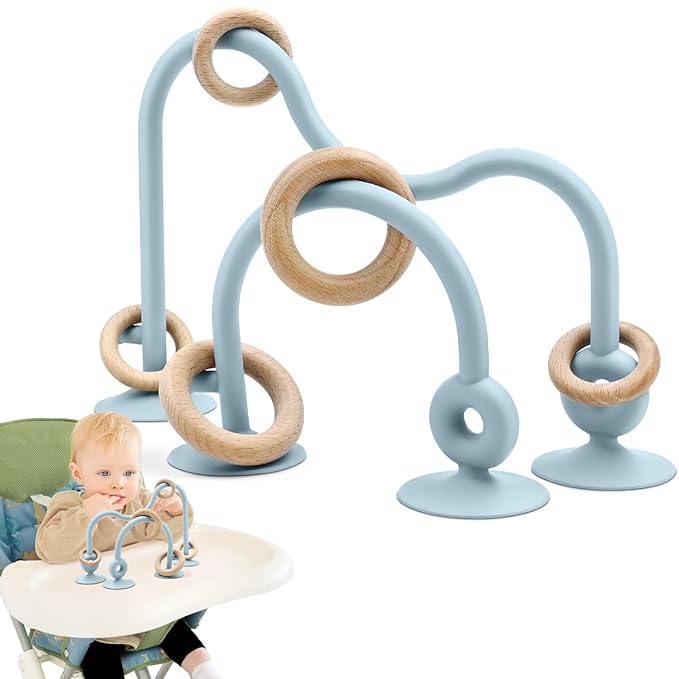 Baby Sensory High Chair Suction Toys for Infant Toddlers 12 18 Months, Food Grade Silicone String with Oak Loop Montessori Educational Parent-Child Baby Bath Toy Gift for Birthday Christmas(Blue)