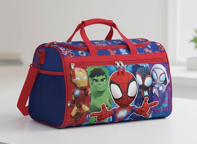 Marvel Spidey and Friends Kids Duffle Bag 16.5" – Travel & Sports Bag with Zipper Pocket, Mesh Sides & Strap