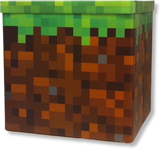 Large 14 x 14 Pixelated Box - Grass| Birthday Party Supplies | Storage Decoration and Prop, Big Birthday Box | Storage Bin Chest With Lid Gift Accessory (Grass Block)