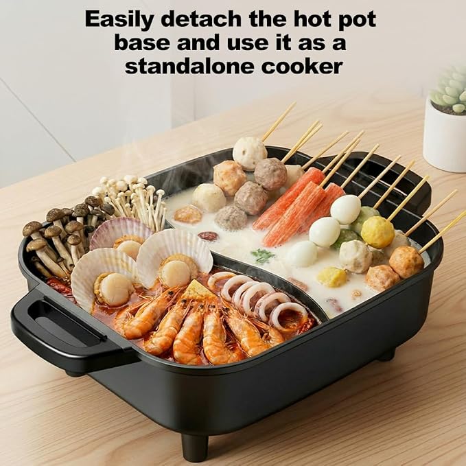 Electric Hot Pot and Grill Combo, Korean BBQ Indoor Smokeless Grill with Nonstick Surface,Large Tabletop Cooker for Family & Party, Includes Cooking Tool Set (Ladle, Strainer, Tongs, Oil Brush)