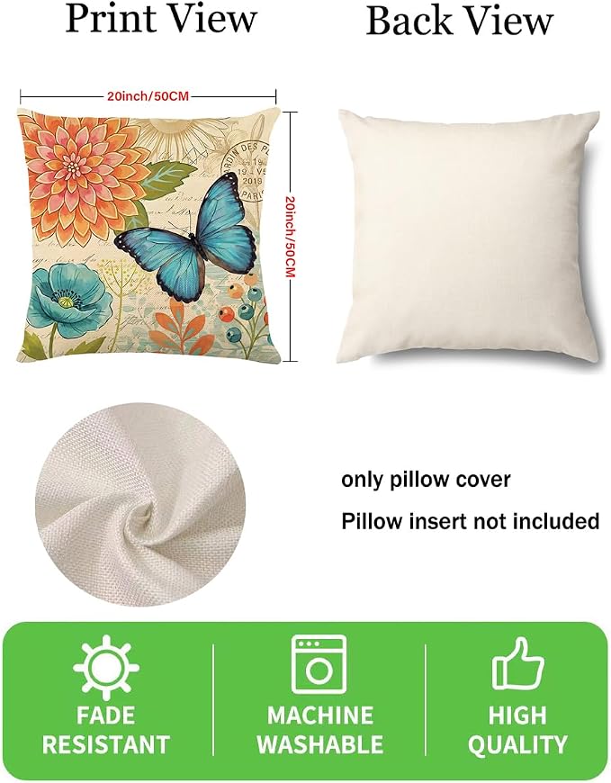 wyooxoo Spring Summer Pillow Covers 20x20 Set of 4 Farmhouse Throw Pillow Covers Linen Flower Butterfly Decorative Pillowcases for Sofa Couch Living Room Outdoor