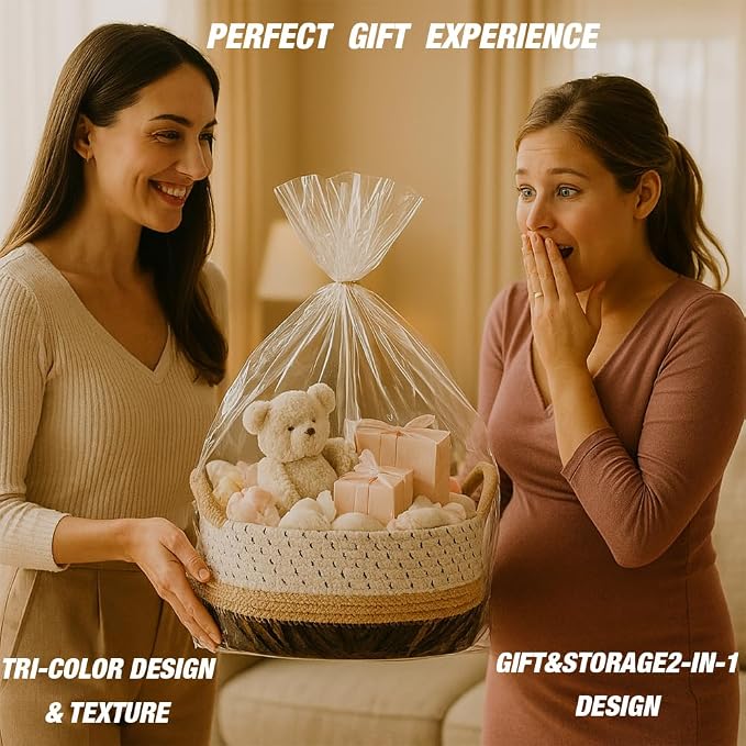 Yimi's Dream Woven Cotton Rope Gift Basket with Handles, Decorative Storage | White Brown Black Basket for Christmas, Housewarming, Nursery, Toys, Baby Laundry, Towels, Gifts( Oval 12 x 8 x 5 in)