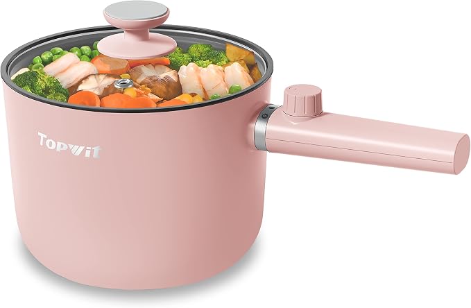 Topwit 1.5L Hot Pot Electric, Portable Ramen Cooker, Non-Stick Frying Pan | BPA-free, Glass Lid, Overheat & Boil-dry Protection, Electric Pot for Pasta, Steak, College Dorm Office Travel Essentials