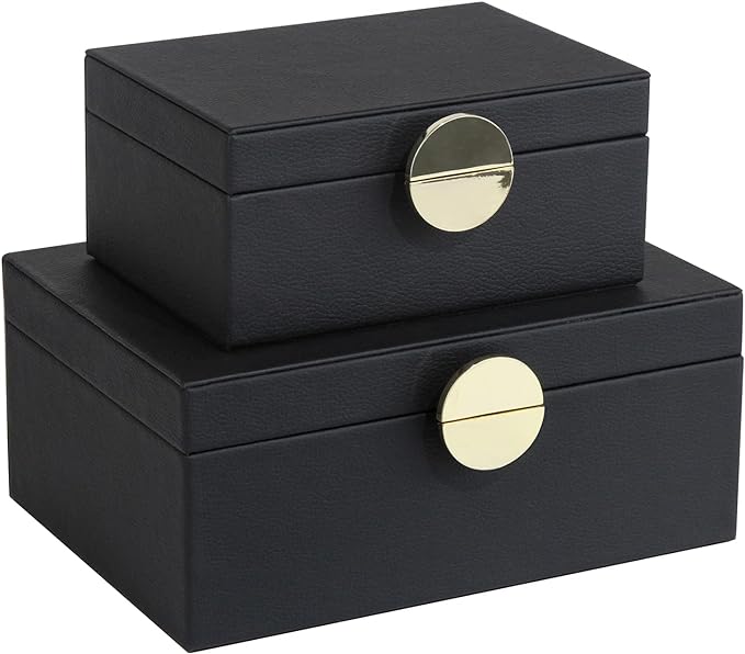 HofferRuffer Faux Leather Jewelry Boxes, Decorative Boxes Storage Accessory Organizer with Gold Hardware Decor, Classic Vegan Leather Set of 2 Pieces (Black)