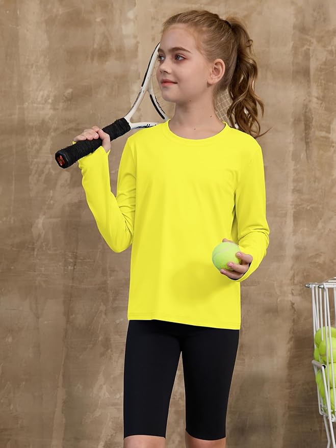 ZDC Girls Long Sleeve Athletic Shirts Kids Crewneck Quick Dry Workout Yoga Tops Basic Tees Activewear