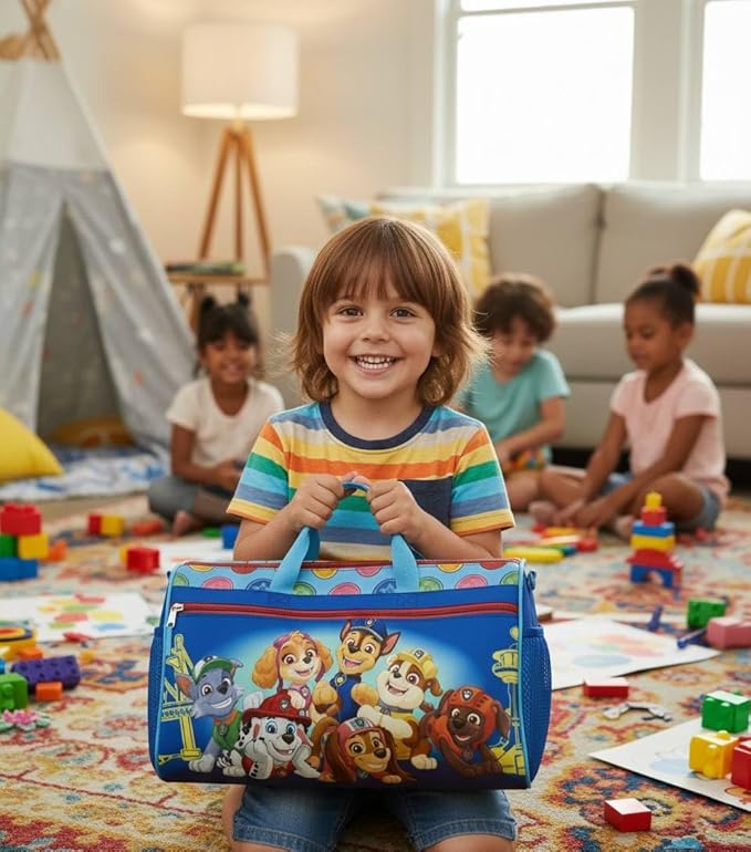 PAW Patrol Kids Duffle Bag 16.5" – Travel & Sports Bag with Zipper Pocket, Mesh Side Pockets & Shoulder Strap