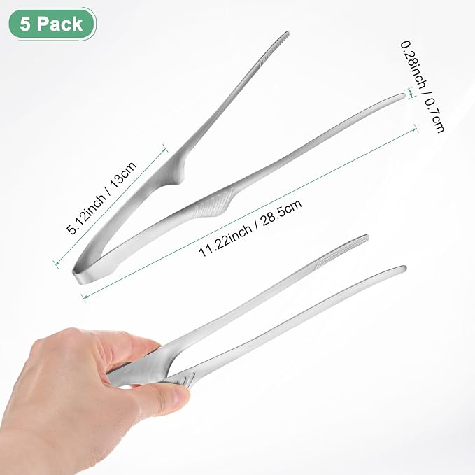 M METERXITY 5 Pcs Korean and Japanese BBQ Tongs 11.2 Inch Barbecue Tongs 430 Stainless Steel Kitchen Self-Standing Grill Non-Slip for Grill/Salad/Camping/Cooking [Silver]