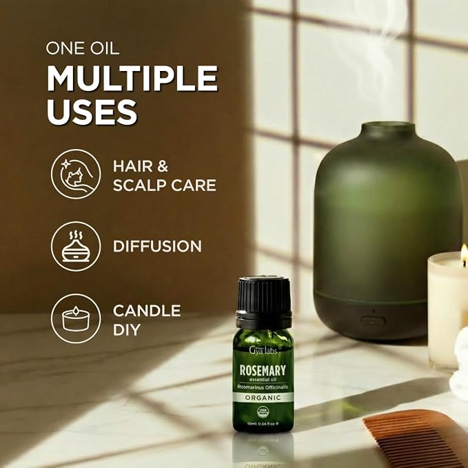 Gya Labs Organic Rosemary Essential Oil - 0.34 Fl Oz - for Skin, Hair, Diffuser, Aromatherapy, DIY Candle Making Scents