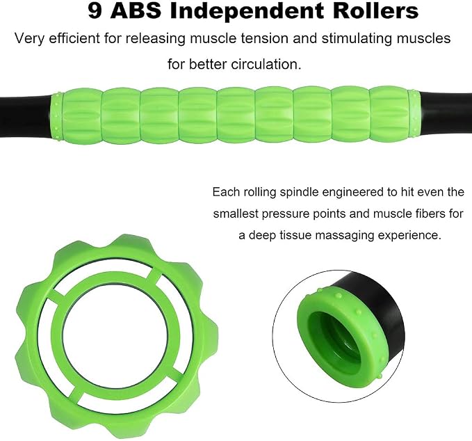 YANSYI Professional 9-Roller Deep Tissue Massage Stick - Portable Muscle Recovery Roller for Athletes, Relieves Post-Workout Soreness & Leg/Back Pain - Portable Physio Tool (Green)