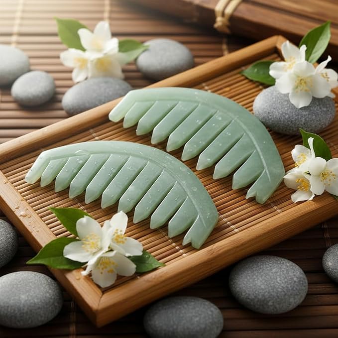 2Pcs Nature Jade Stone Massage Comb,Traditional Natural Jade Massager Acupuncture Head Therapy Trigger Point Treatment On Head Gua Sha Board Manual Scalp Massagers Massage Tools