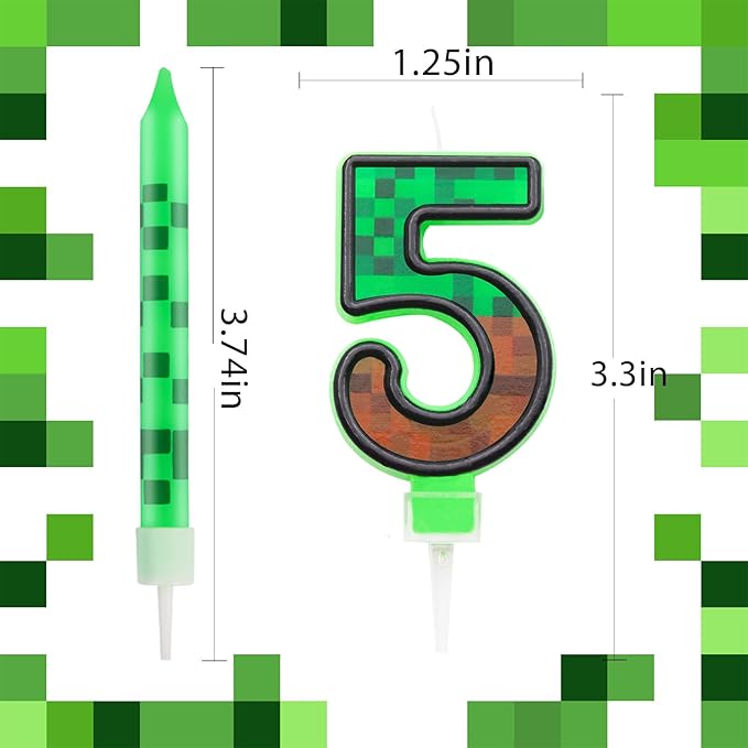 Pixels Themed 5th Birthday Candle, Pixels Cake Topper for Boys Girls, 9 Pcs Candle Set, Game Cartoon Theme Birthday Party Supplies (Number 5)
