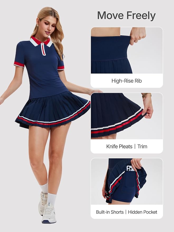 Women's 2-Piece Tennis Skirt Set, Polo V-Neck Top & High-Waisted Pleated Skirt, Athletic Outfit for Golf Pickleball