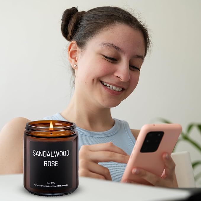 Sandalwood & Rose Scented Candles for Home Scented Aromatherapy Candles, Hand-Poured, 9 OZ, 50H Clean Burn,Soy Wax Candle Gift Set for Women Men