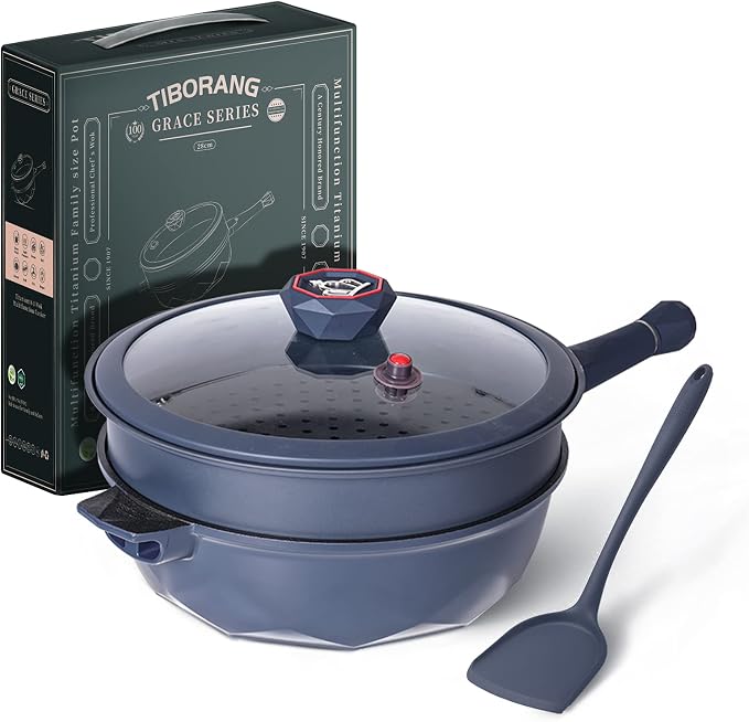 TIBORANG 11 Inch Nonstick Frying Pan with Lid,8-in-1 Multipurpose Cookware | 5 Qt Deep Sauté Pan Skillet with Steamer, PFOA-Free, Dishwasher & Oven Safe, Induction Compatible, Stay-Cool Handle, Navy