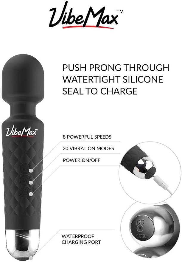 VibeMax Rechargeable Personal Massager - Powerful Multi Speed Vibration - Whisper Quiet - Waterproof - for Muscle Tension Relief in Neck, Back, Shoulders, Legs and Feet - Black