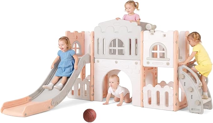 OLAKIDS Toddler Slide, 9 in 1 Kids Indoor Outdoor Playground with Climber Basketball Hoop Telescope Tunnel Corridor Toy Storage Steering Wheel for Boys Girls Aged 1+ (Pink)