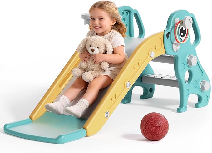 BIERUM 4 in 1 Toddler Slide, Kids Slide for Indoor Outdoor Playground, Slides with Basketball Hoop & Ring Toss, Puppy Shaped Playset for Toddlers Age 1-3, Green Yellow