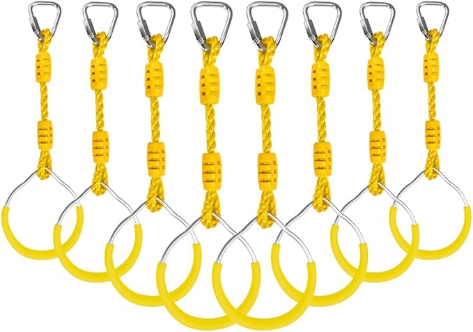 Swing Ninja Ring Indoor Outdoor Backyard PlaySet Fitness Gymnastic Training Equipment, 8 Pack Yellow Hanging Jungle Gym Fist Trapeze Monkey Bars Climbing Ring Ninja Warrior Obstacle Course Attachments