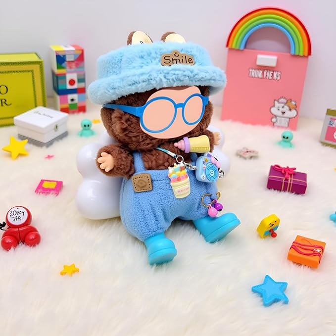 Doll Clothes Outfit and Accessories Suitable for 17cm Dolls, 5 Piece Set Romper Hat Camera Backpack Glasses Shoes (No Doll) Blue
