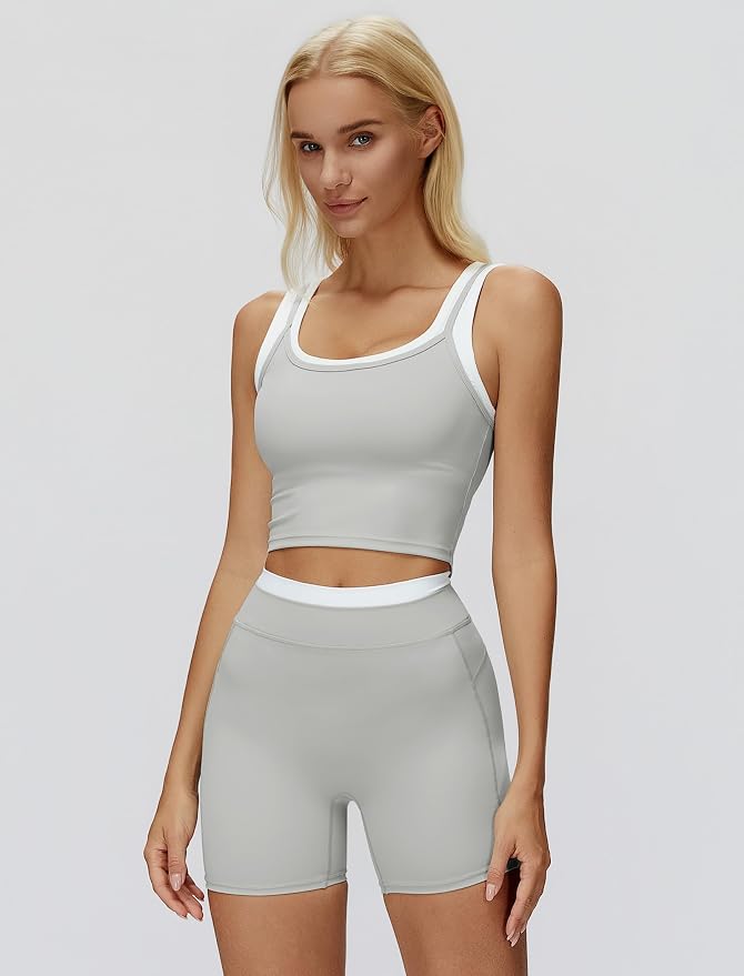 Women 2 Piece Workout Sets Racerback Color Block Tank Top High Waist Tummy Control Shorts Yoga Outfits