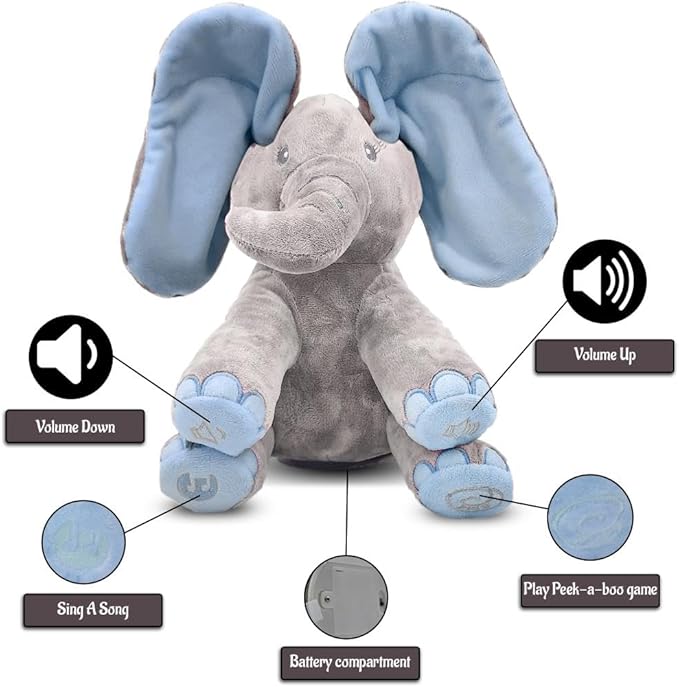 Dimple Kyle Elephant Stuffed Animal Toy - Animated Plush Blue Singing Elephant, Interactive Musical Peek-a-Boo for Babies, Kids, for Toddlers, Ages 0 and Up(Battery Included)