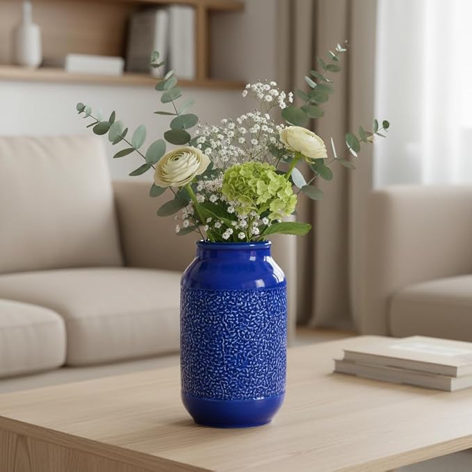 Blue Ceramic Flower Vase - 9 Inch Decorative Vase for Pampas Grass, Modern Texture Vase for Decor, Fireplace, Bathroom, Table, Shelf, Living Room, Kitchen Decor