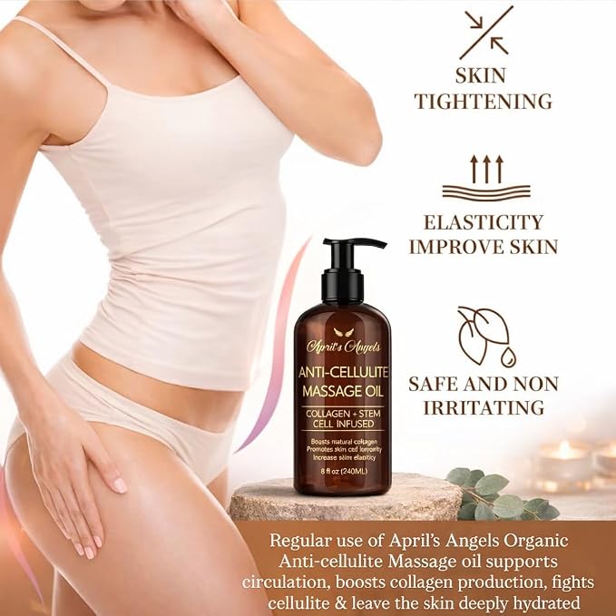 April's Angels Anti-Cellulite Massage Oil with Collagen & Stem Cell Infused. Skin Elasticity, Firmness, Deep Hydration. 8 fl oz