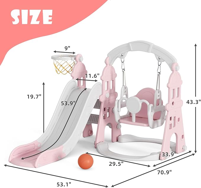 XJD 4-in-1 Toddler Slide and Swing Set, Kids Slide for Toddlers Age 1+, Toddler Outdoor Playset with Basketball Hoop, Swing, Outdoor Indoor Playground for Toddlers 1-3 (Pink)