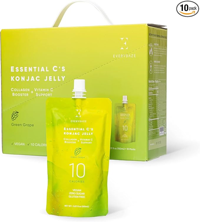 EVERYDAZE Essential C’s Konjac Jelly | Green Grape | Plant-Based Collagen Booster | Gluten Free, Sugar Free, Low Calorie | Healthy Drinkable Fruit Snack | 10 Pack Box Food Drink Pouch