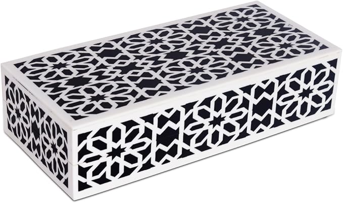 Handicrafts Home Decorative Storage Box with Lid, Black White Persian Mosaic Box, Islamic Rosette Pattern Coffee Table Organizer, Keepsake Box for Living Room & Console Decor, Shiraz 10 x 4.5 x 2.5
