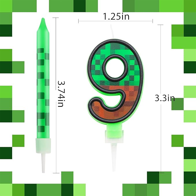 Pixels Themed 9th Birthday Candle, Pixels Cake Topper for Boys Girls, 9 Pcs Candle Set, Game Cartoon Theme Birthday Party Supplies (Number 9)
