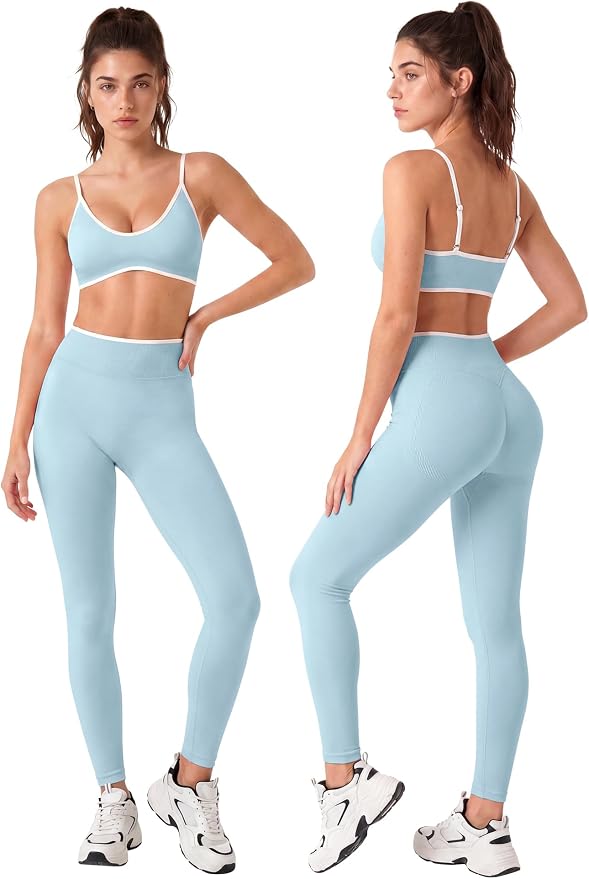 Workout Sets for Women 2 Piece Seamless Color Block Sports Bra Padded Scrunch Butt Lifting Leggings Matching Outfit