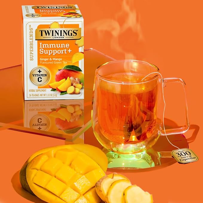 Twinings Superblends Immune Support+ Herbal Tea with Vitamin C, Ginger & Mango Flavoured Green Tea, 16 Tea Bags (Pack of 2), Enjoy Hot or Iced