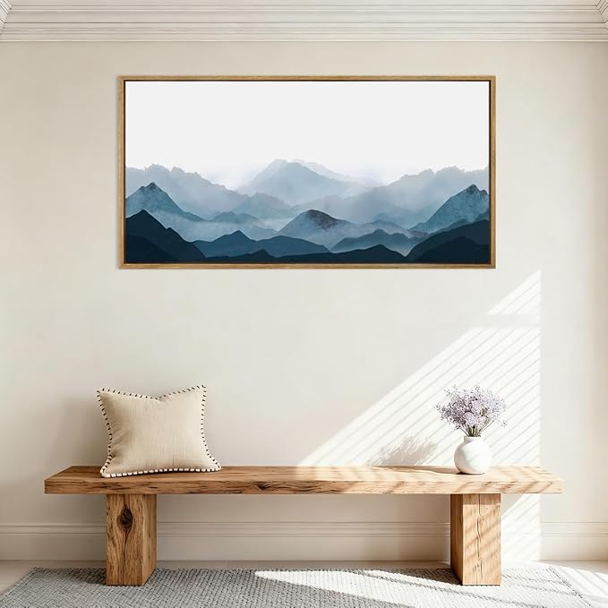 Blue Framed Mountain Landscape Wall Art Fog Mountain Painting Wall Decor for Bedroom Living Room Office Decor 20x40 Inch