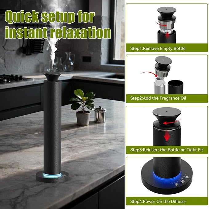 Waterless Scent Diffuser Machine with 4 Lights and Breathing Lights Modes Max Coverage 2500 sq.ft. Essential Oil Diffusers Fragrance Large Room Rechargeable App Remote Control Carbon Black