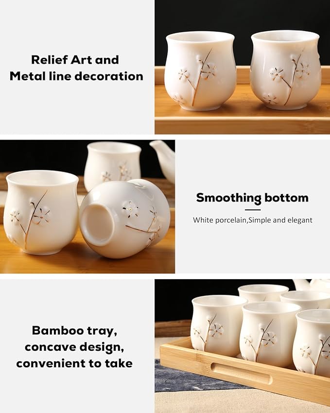 Dujust Japanese White Porcelain Tea Set - Teapot, 6 Tea Cups, Tray & Stainless Infuser - Plum in Golden