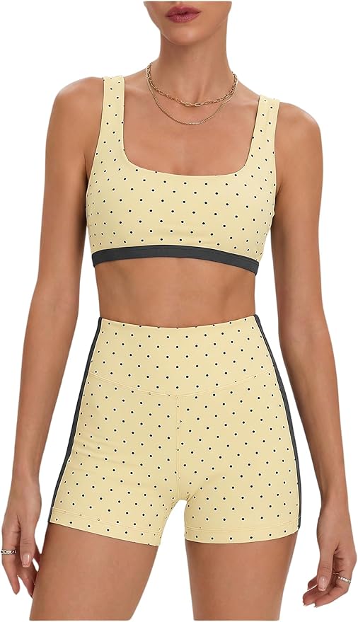Milumia Women's Polka Dots Workout Set 2 Piece Color Block Bra Tank High Waisted Biker Shorts Layered Matching Yoga Outfit