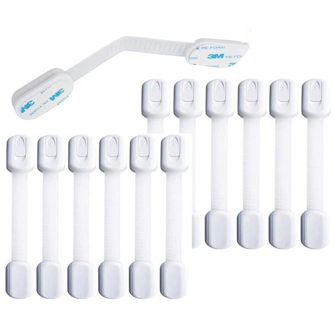 Baby Safety Locks | Child Proof Cabinets, Drawers, Appliances, Toilet Seat, Fridge and Oven | Tools Not Required | Uses 3M Adhesive with Adjustable Strap and Latch System (14-Pack, White)
