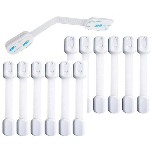 Baby Safety Locks | Child Proof Cabinets, Drawers, Appliances, Toilet Seat, Fridge and Oven | Tools Not Required | Uses 3M Adhesive with Adjustable Strap and Latch System (14-Pack, White)