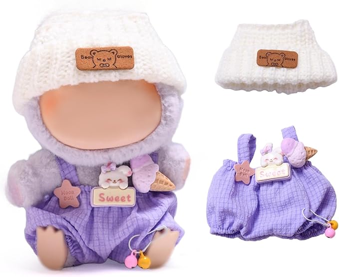 17 cm Doll Clothes (No Doll) - Premium Doll Clothing & Accessories, Purple Back Dress Set - Knit Hat + Hair Clip + Plush Back Pants(Style G)