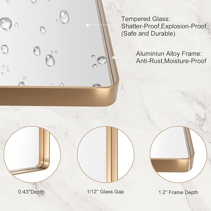 LOAAO 60”X30” Gold Bathroom Mirror, Rounded Rectangle Gold Frame Mirror, Brushed Gold Bathroom Vanity Mirror Wall-Mounted, Anti-Rust, Tempered Glass, Hangs Horizontally or Vertically | Rounded Rectangle, Brushed Gold Frame, Wall-Mounted, Anti-Rust, Tem...