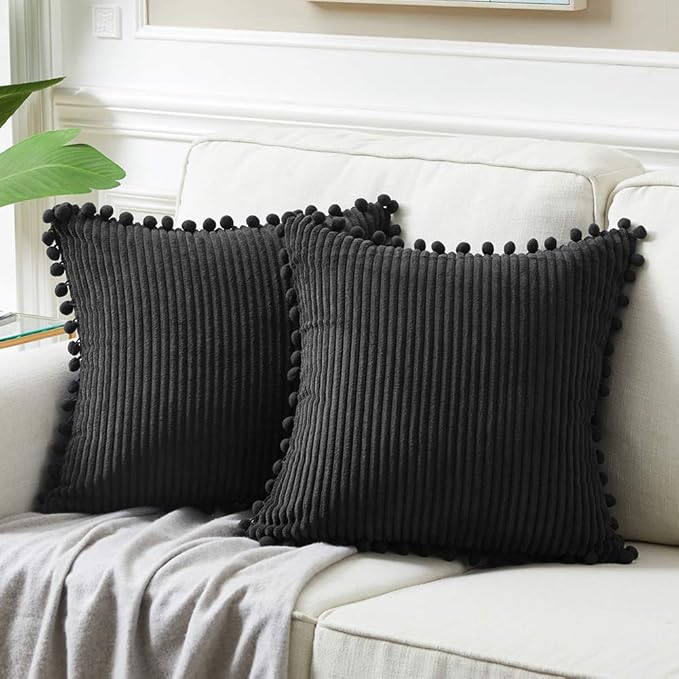 Fancy Homi Pack of 2 Black Boho Decorative Throw Pillow Covers with Pom-poms 26x26 Inch, Soft Corduroy Solid Square Cushion Cases for Couch Sofa Bedroom Living Room (26x26 Inch/66x66 Inch, Black)