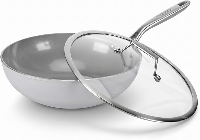 TECHEF - CeraTerra 12" Ceramic Nonstick Wok/Stir-Fry Pan with Glass Lid, (PTFE and PFOA Free Ceramic Exterior & Interior), Made in Korea (12-in with lid)