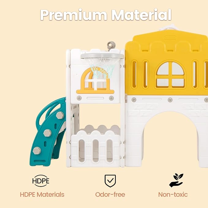 OLAKIDS Toddler Slide, Kids Indoor Outdoor Playground with Climber Basketball Hoop Telescope Tunnel Corridor Toy Storage Steering Wheel for Boys Girls Aged 1+ (Yellow, 70'')