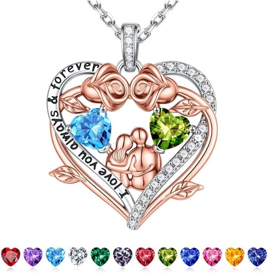 Iefil Valentines Gifts for Her Wife - 925 Sterling Silver Double Heart Birthstone Necklace, Anniversary Birthday Gifts for Women Wife Girlfriend