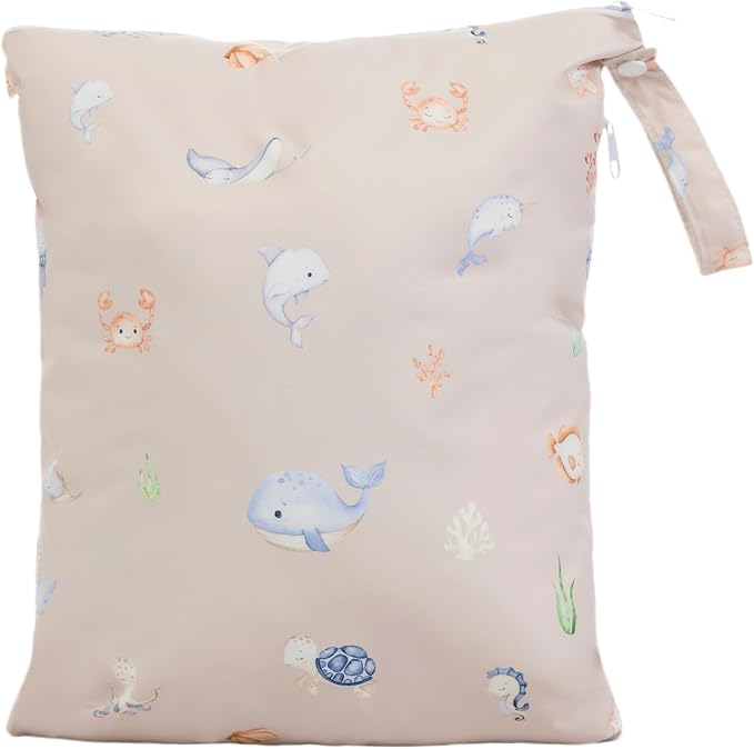 Ali+Oli Water Resistant Dual-Compartment Wet-Dry Bag for Travel, Hook to Stroller, Daycare, Diapers, Diaper Bag, Clutch Bag,15x12 inches (Undersea)